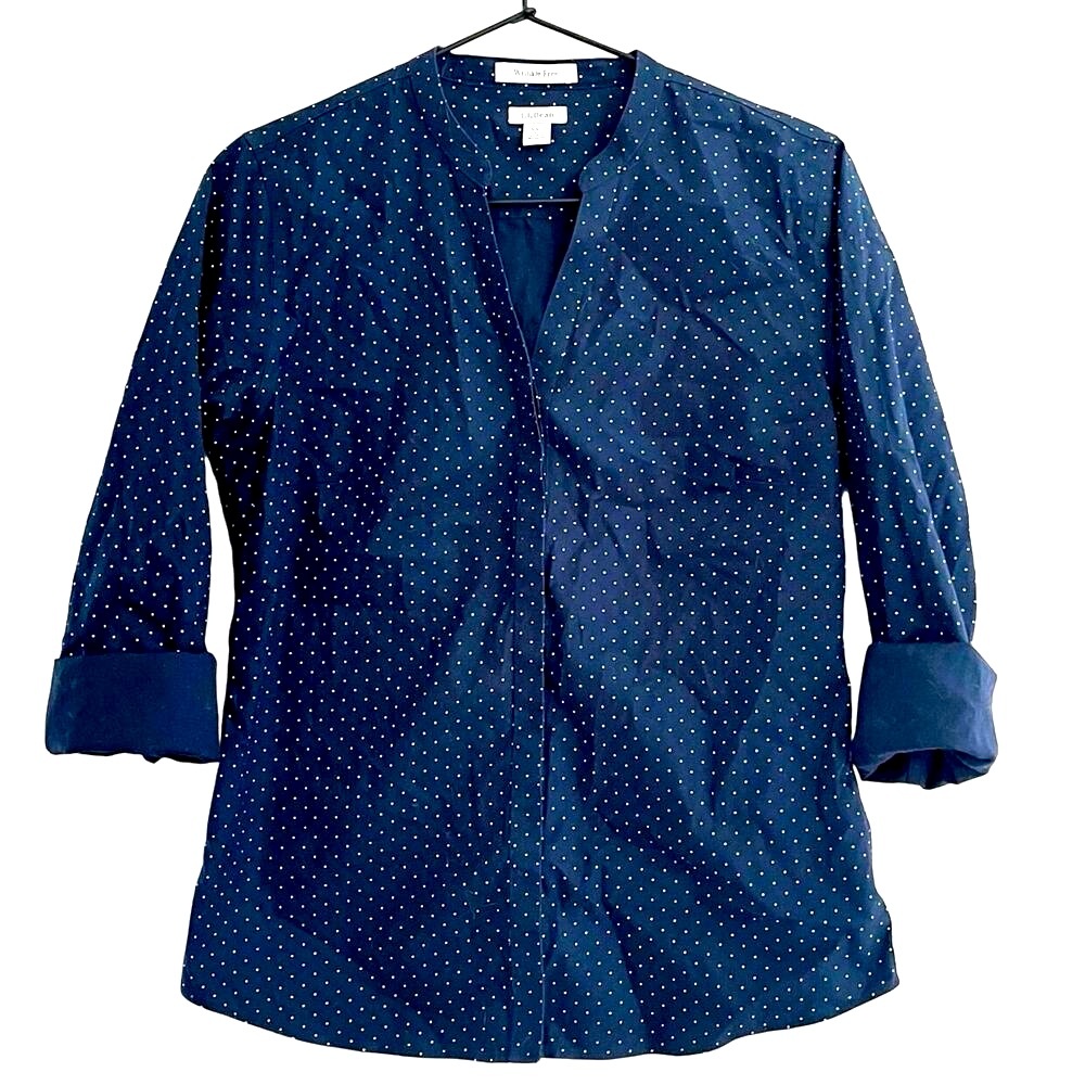 L.L. Bean Navy White Dot Button-Down Top Long Sleeve Blouse Size XXS Cotton